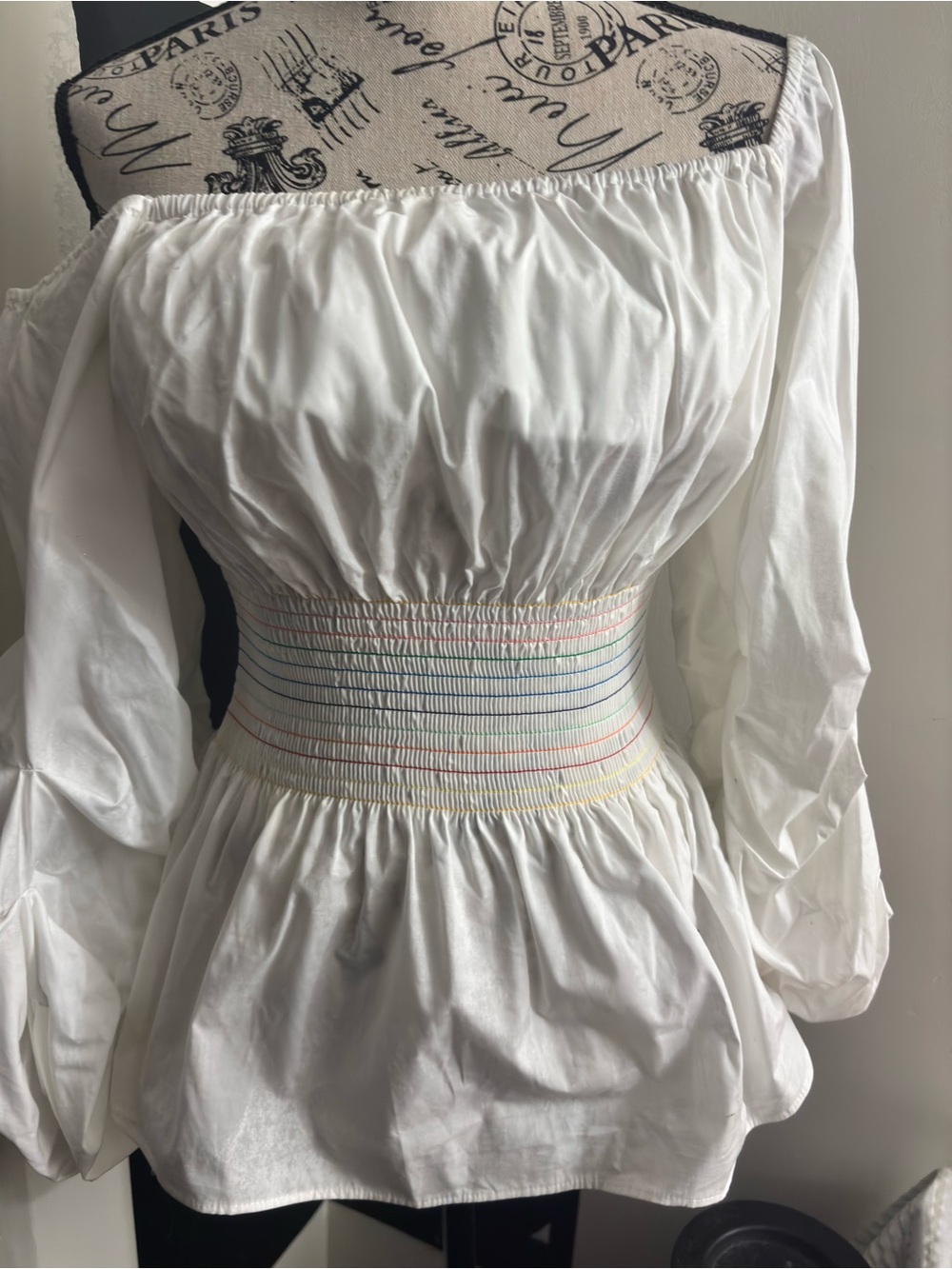 Boston Proper White Off-Shoulder Smocked-Waist Peplum Blouse